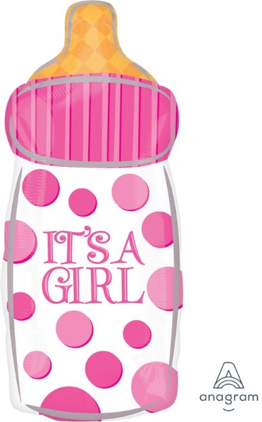 Xtra-large foil balloon shaped like a baby bottle, "It's A Girl," perfect for baby showers and celebrations.