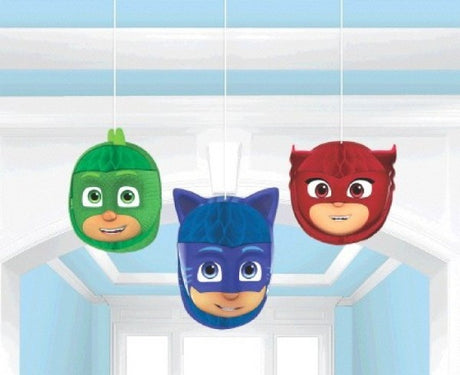 Vibrant PJ Masks honeycomb decorations in a pack of 3, perfect for kids' parties and themed celebrations, 7 inches each.