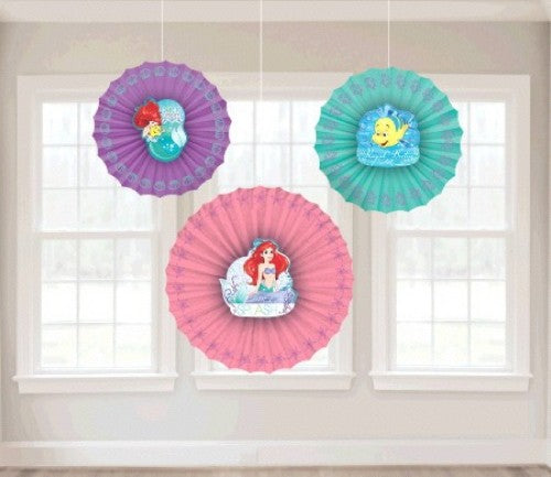 Ariel Dream Big fan decorations featuring one 12-inch and two 10-inch whimsical fans for themed parties and nurseries.