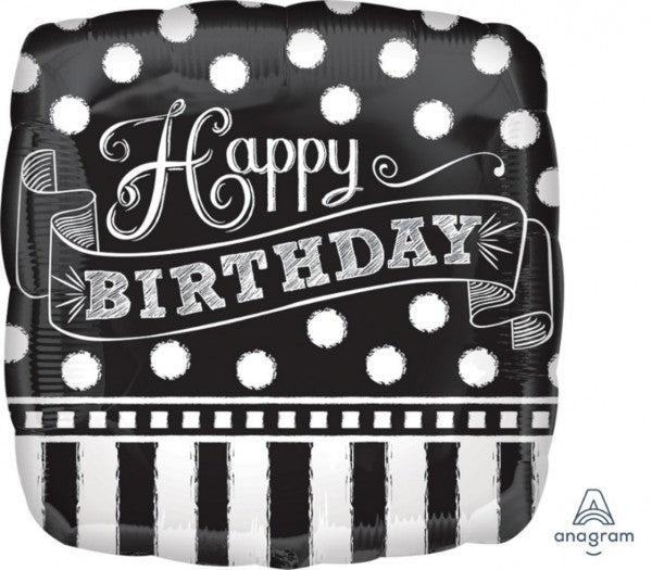 Foil birthday balloon with a chalkboard surface for personalization, featuring a stylish black and white design, self-sealing.