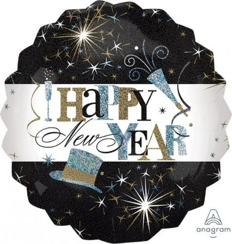 Jumbo 71cm Happy New Year foil balloon, self-sealing, elegant design, perfect for festive celebrations and photo ops.