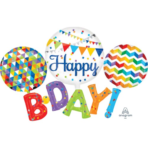 Vibrant multi-colored "Happy Birthday" balloon, measuring 142cm x 91cm, perfect for festive birthday celebrations.