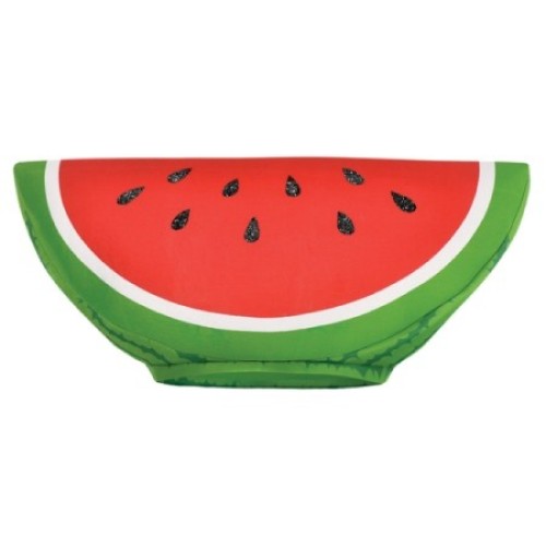 Vibrant watermelon fabric hat with adjustable strap, perfect for summer sun and fun outdoor activities.