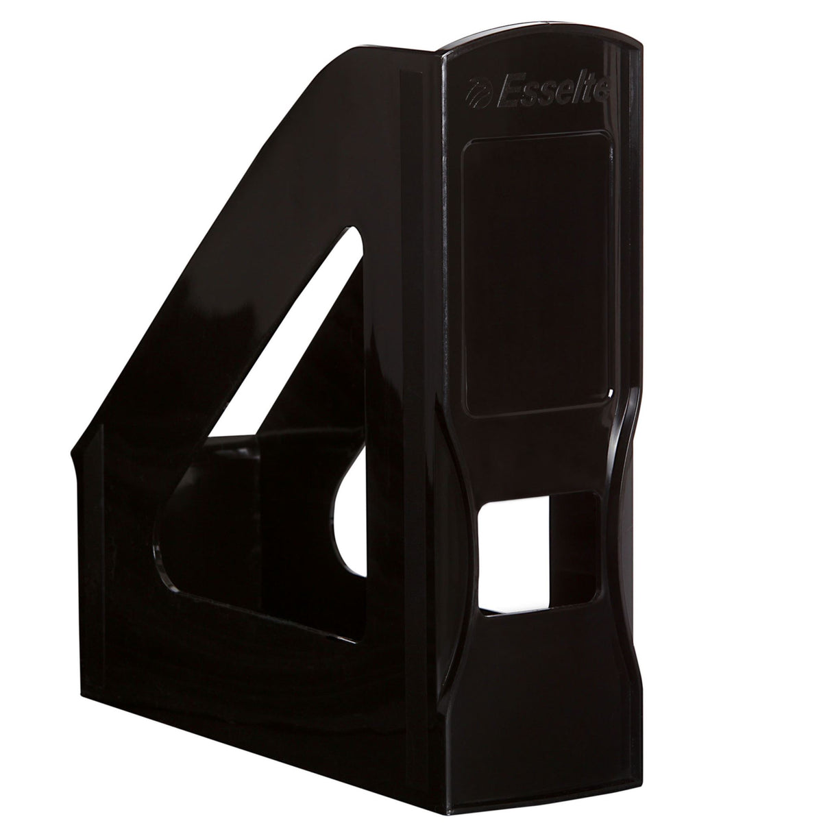 Sleek black Esselte Nouveau Magazine File for stylish vertical storage of books, magazines, and documents in home or office.