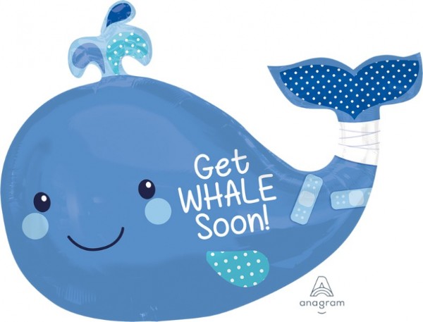 Whimsical self-sealing foil balloon featuring a cheerful whale, perfect for sending get-well wishes. 86cm x 60cm size.