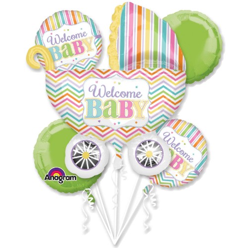 Vibrant foil balloon bouquet featuring 1 unique shape and 4 standard balloons, perfect for baby showers and parties.