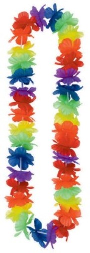 Colorful Rainbow Hawaiian Lei made of silk flowers, ideal for luau parties and adding tropical flair to any celebration.