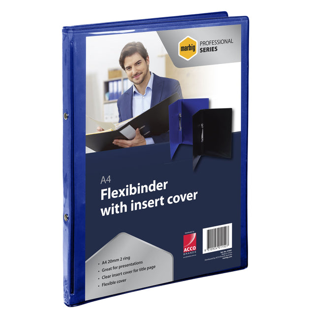 Esselte Flexibinder A4 in blue with clear front, holds up to 120 sheets, ideal for organizing and presenting documents.