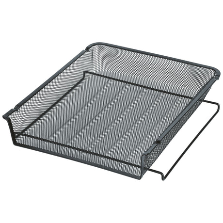 Stylish black A4 document tray made of durable steel mesh, perfect for organizing papers in any workspace.