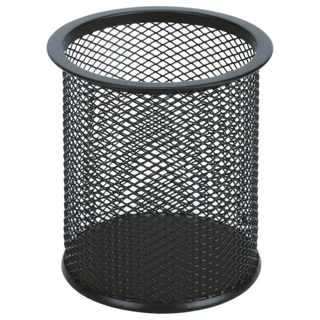 Sleek black Esselte mesh pencil cup made of sturdy steel, perfect for organizing desk essentials in style.