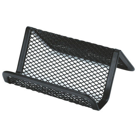 Stylish black steel mesh business card holder for office or home, offering sophistication and easy access to your cards.