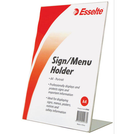 Esselte A4 slanted sign holder in clear acrylic, perfect for menus and brochures, double-sided for visibility.