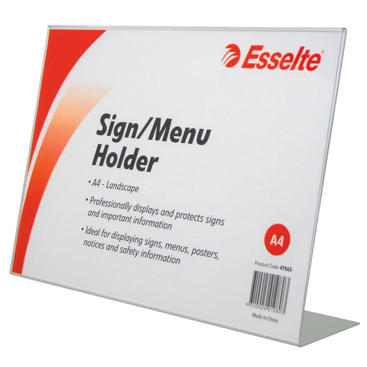 Clear double-sided A4 slanted sign holder for showcasing menus and information in restaurants and retail settings.