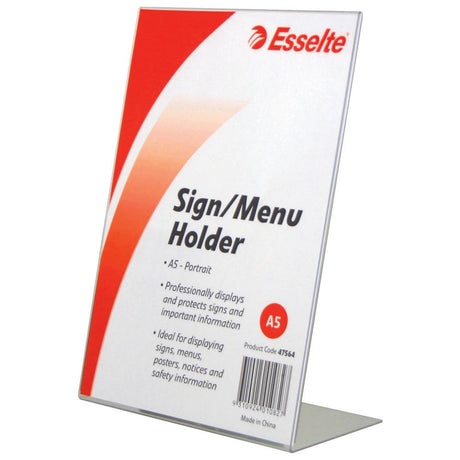 Clear double-sided A5 slanted sign/menu holder for displaying menus, brochures, and photos in style.