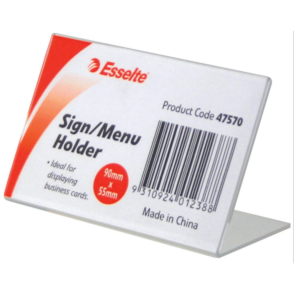 Clear double-sided slanted menu holder for displaying menus, photos, and signs in a durable acrylic design.