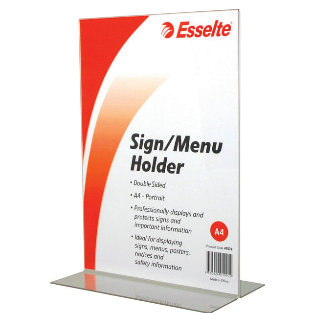 Esselte A4 clear sign holder, double-sided for displaying menus and signs, sturdy 1.5mm thick, enhances presentations.