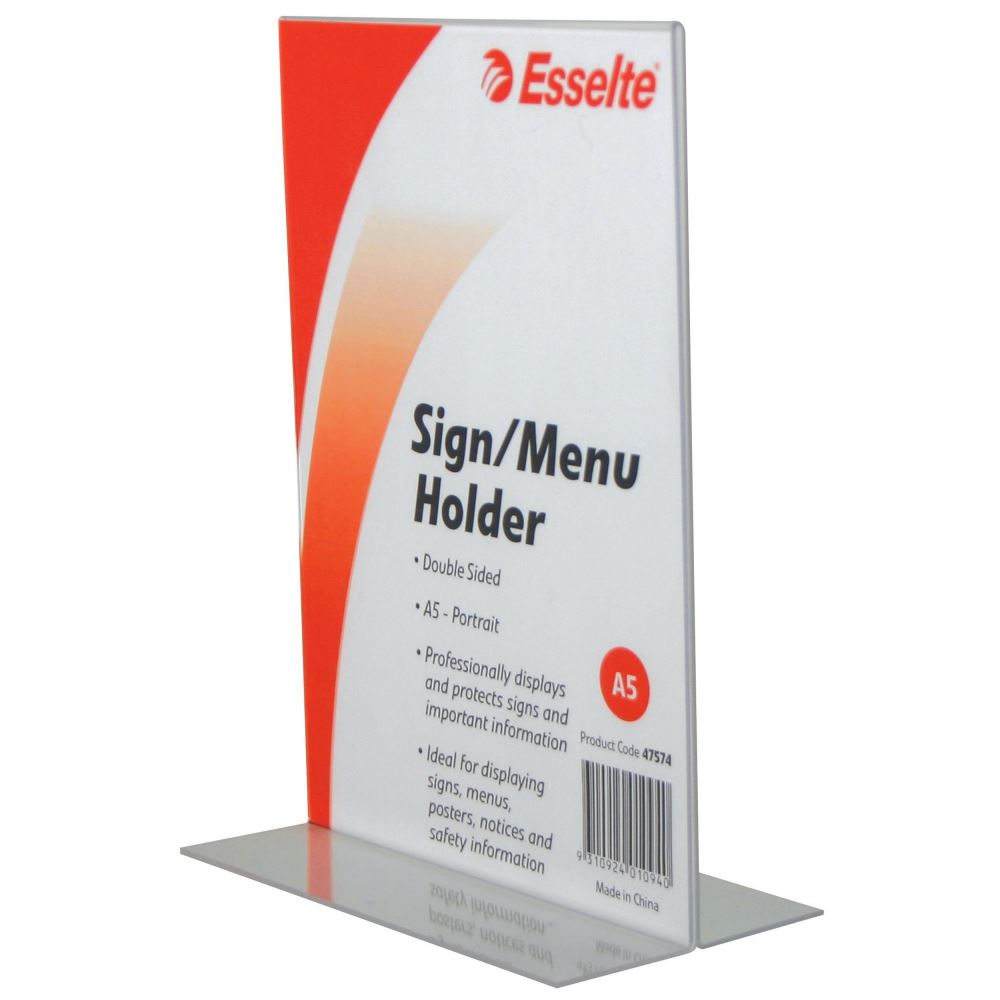 Clear double-sided A5 sign/menu holder for showcasing menus and brochures in restaurants and businesses.