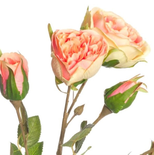 Artificial pink garden rose spray with five heads and two buds, perfect for elegant floral arrangements, 73cm tall.