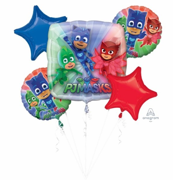 Colorful PJ Masks foil balloon bouquet featuring 1 shaped and 4 standard balloons, perfect for birthday celebrations.