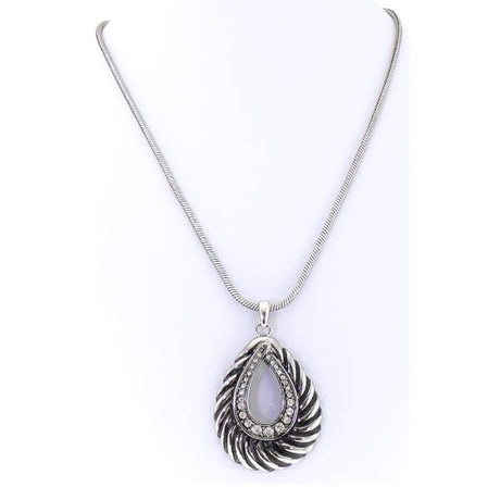 Antique silver teardrop necklace with sparkling diamante accents, measuring 46cm for an elegant and stylish accessory.