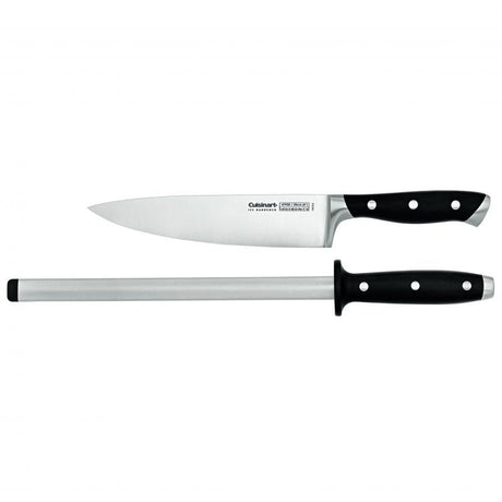 Cuisinart 2 Piece Professional Knife Set featuring a cook's knife and diamond sharpening steel, designed for precision cooking.