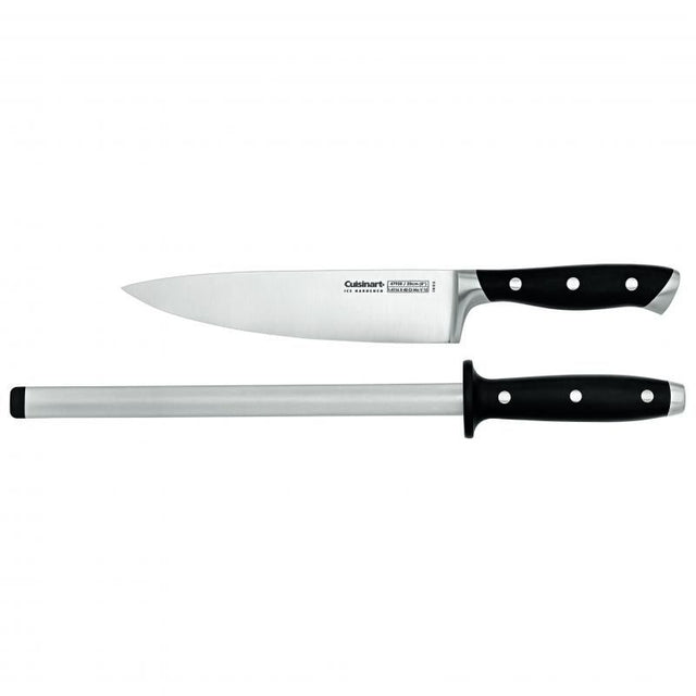 Cuisinart 2 Piece Professional Knife Set featuring a cook's knife and diamond sharpening steel, designed for precision cooking.