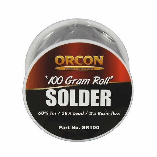 High-quality 100G self-fluxing multicore solder roll by ORCON, ideal for electronics, with 60% tin and 38% lead composition.