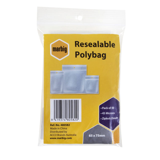 Clear re-sealable Esselte zip lock bags, 65x75mm, 50 pack, ideal for organizing and protecting small items.