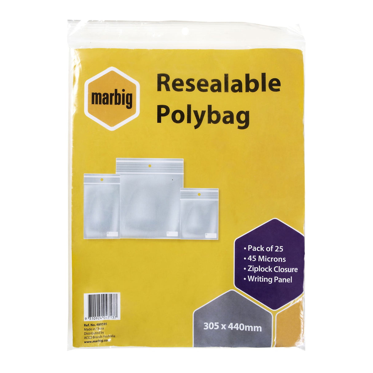 MARBIG® resealable polybags, 305mm x 440mm, with a writing panel for easy labeling, pack of 25 for versatile storage solutions.