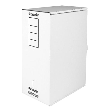 Extra deep white storage carton for A4/foolscap documents, featuring spine panels for content recording and easy retrieval thumb hole.