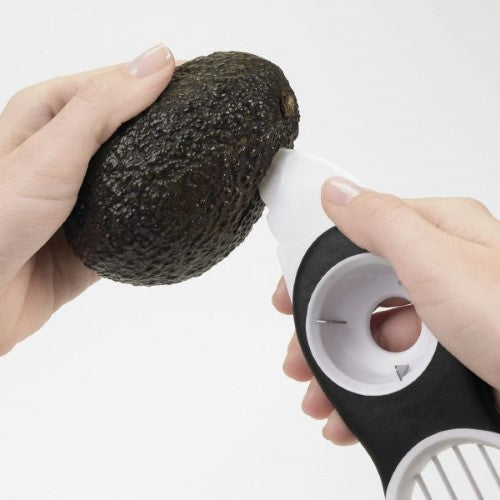 3-in-1 OXO Good Grips Avocado Slicer with cutting blade, pitting tool, and fan blade for easy avocado preparation.