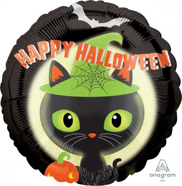 Self-sealing 45cm black kitty foil balloon, perfect for adding Halloween charm to parties and decorations.