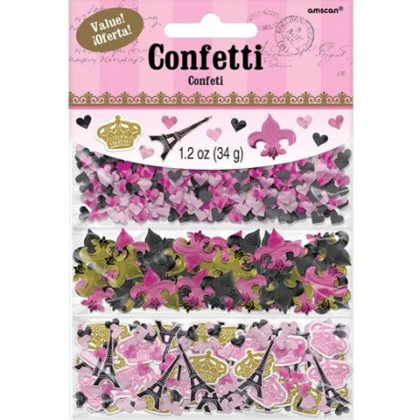 Paris-themed confetti pack featuring foil and cardboard pieces, perfect for enhancing celebrations with a charming touch.