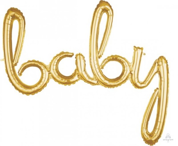 Gold foil balloon phrase for baby celebrations, ideal for showers and gender reveals, with a chic and elegant design.