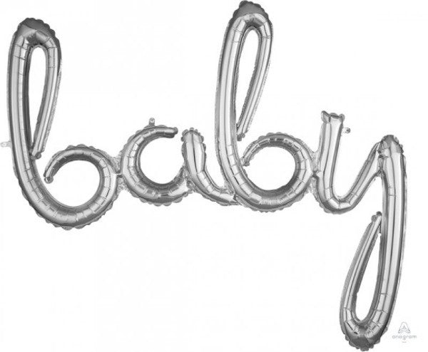 Silver foil balloon measuring 99cm x 83cm, perfect for baby showers and first birthdays, adds elegance to celebrations.