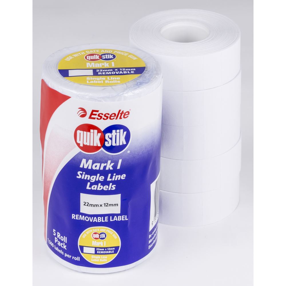 White removable pricing labels for QuikStik Mark I, 1500 per roll, 22x12mm, ideal for pricing adjustments without residue.