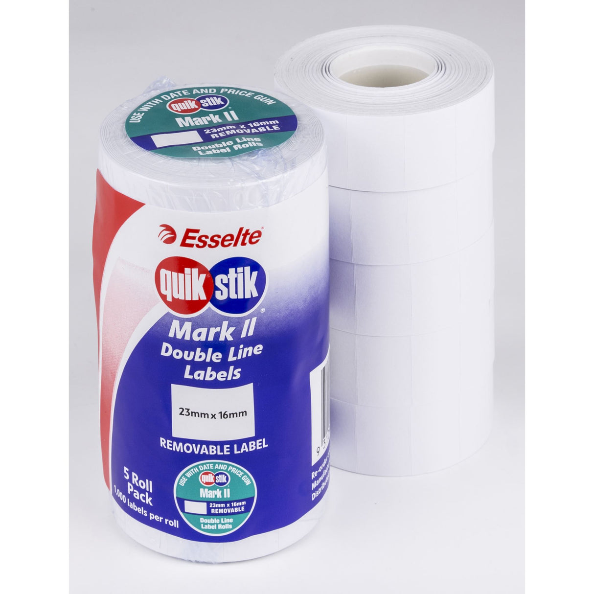 White removable pricing labels for Quikstik Mark II, 1000 per roll, 23x16mm, easy to use and ideal for retail pricing.