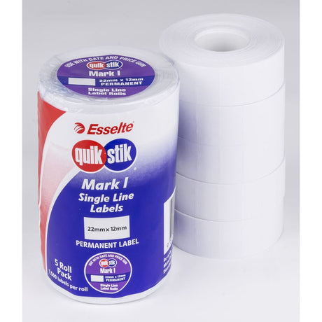 White permanent pricing labels for QuikStik Mark I, 1500 labels per roll, pack of 5 rolls, ideal for product tagging.