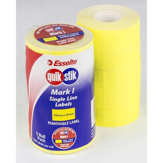 Fluoro yellow pricing labels for Quikstik Mark I gun, 1500 removable labels per roll, ideal for retail and organization.