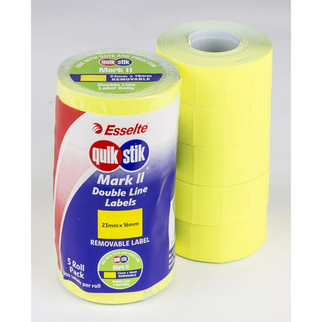 Fluoro yellow pricing labels for Quikstik Mark II, 1000 removable labels per roll, ideal for retail and customizable displays.