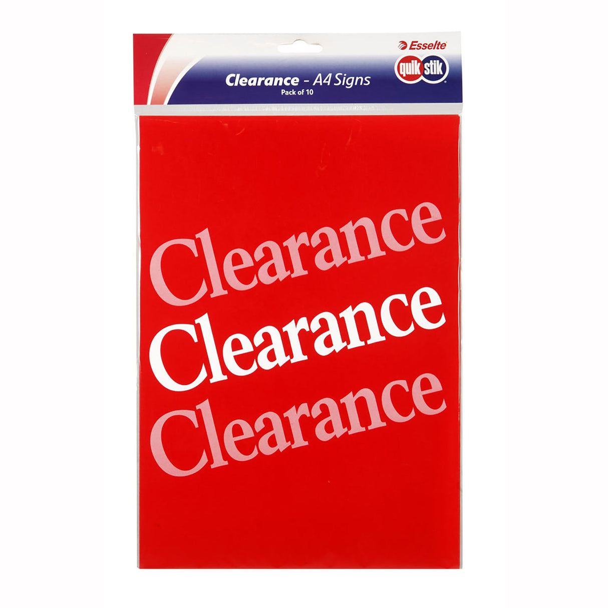 Bright A4 clearance signs pack of 10 by Quikstik, designed to attract attention in retail promotions.