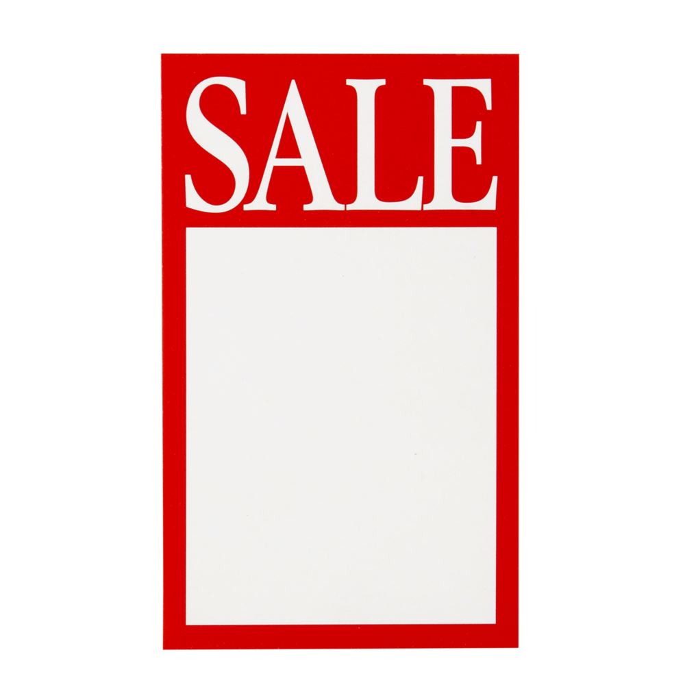 Clear 'Sale' display tickets from Quikstik, pack of 10, ideal for labeling discounted products in retail environments.