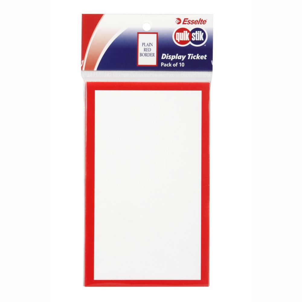 Quikstik Display Tickets with a red border, pack of 10, ideal for retail and event promotions with a white background.