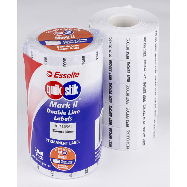 Quikstik Mark II Best Before labels in a roll, featuring clear headings and space for two date lines, ideal for food labeling.