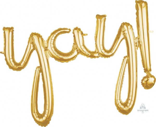 Shiny gold foil balloon that spells "Yay!" for joyful celebrations and memorable photo backdrops.