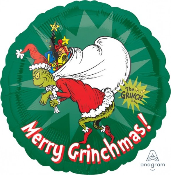 Vibrant 45cm Grinch-themed foil balloon, self-sealing, perfect for festive celebrations and Christmas parties.