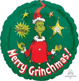 Vibrant 45cm Grinch-themed foil balloon, self-sealing for festive celebrations and ideal for Christmas parties.