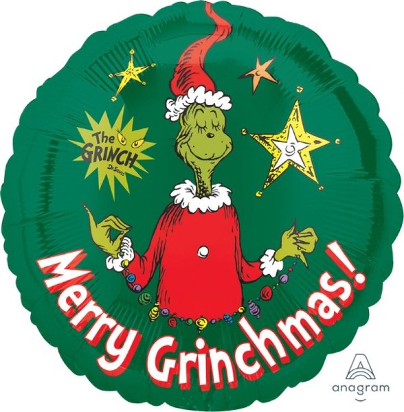 Vibrant 45cm Grinch-themed foil balloon, self-sealing for festive celebrations and ideal for Christmas parties.