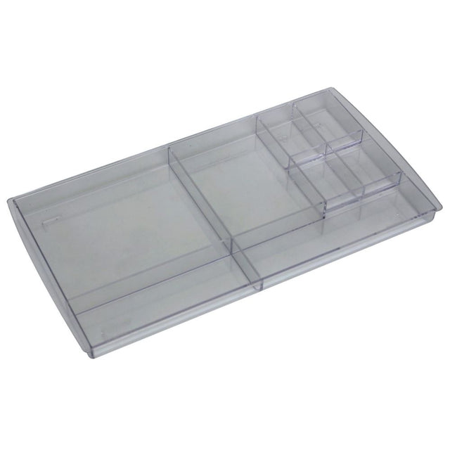 Clear 8-compartment drawer organizer by Esselte for efficient office and home organization, fits two in standard drawers.