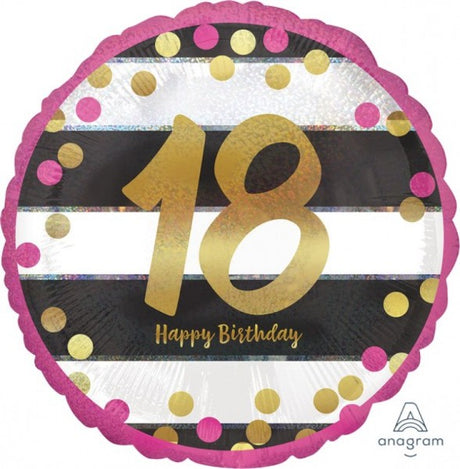 Pink and gold holographic foil balloon, 45cm, self-sealing, perfect for celebrations like birthdays and graduations.